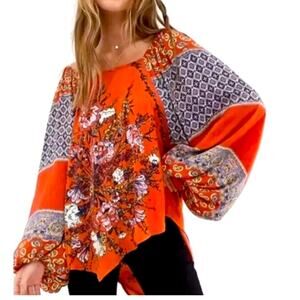 Free People Top XS Blouse Oversized Small Shirt Flowy Cottage Boho Billowy 70s